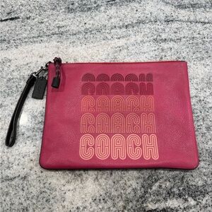 Coach Leather Magenta Oversized Pouch/Wristlet with Logo Design